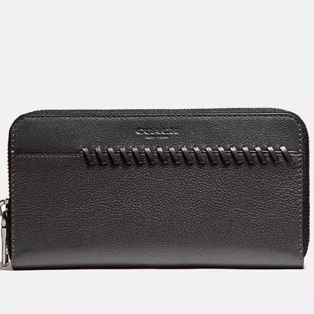 Coach Baseball Stitch Accordion Zip Wallet Black Smooth Calf Leather Unisex